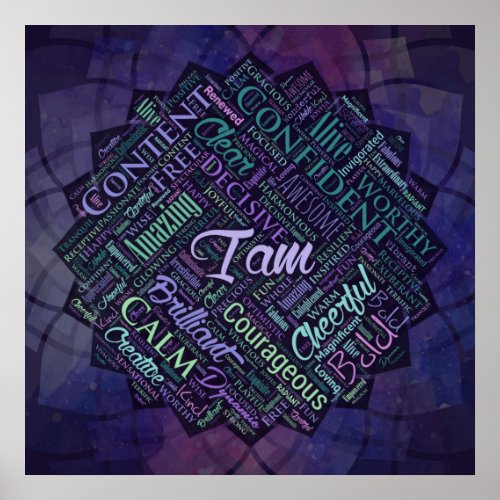 I am Affirmations Word Cloud Art in lotus Poster