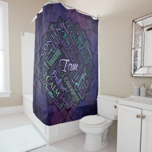 I am Affirmations Word Cloud Art in lotus Shower Curtain