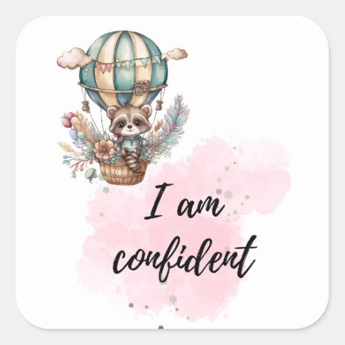 I Am Confident Kids Room Raccoon Air Balloon  Square Sticker