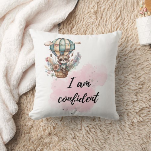 I Am Confident Kids Room Raccoon Air Balloon  Throw Pillow