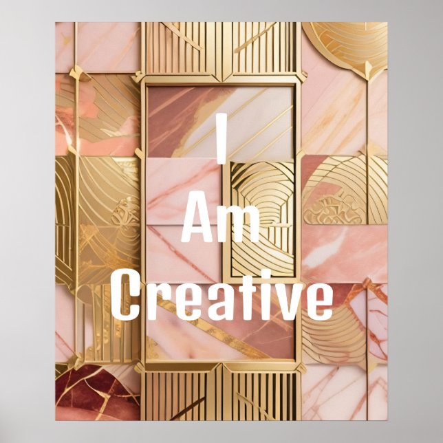  I Am Creative Peach Pink Marble Gold Foil Poster (Front)