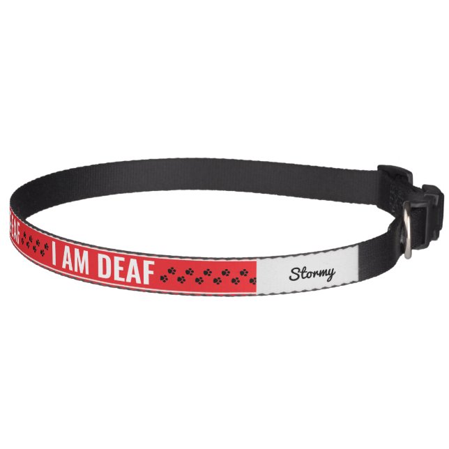 I AM DEAF Pet Alert Custom Name Red and Black Paws Collar (Right)