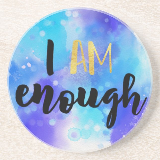 I Am Enough Blue Watercolor Spiritual Text Coaster (Front)