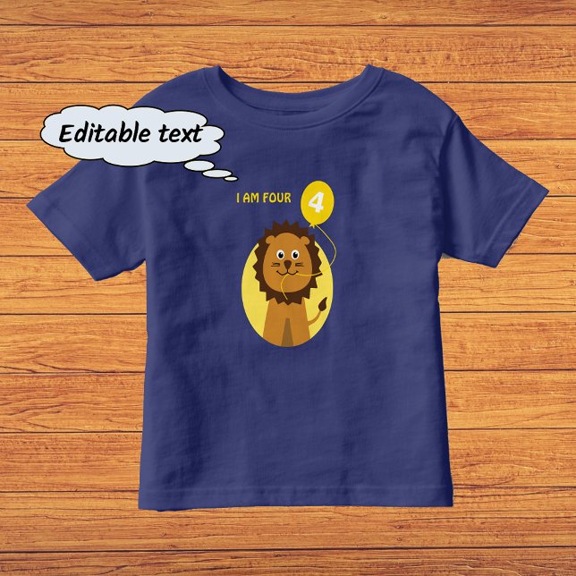 I am four lion yellow balloon toddler t-shirt (This example is the navy blue t-shirt color option)
