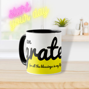 I Am Grateful Color Block Yellow Black and White Mug