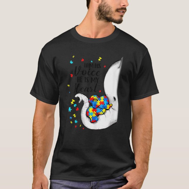 I Am His Voice Autism Awareness Puzzle Elephant Au T-Shirt (Front)