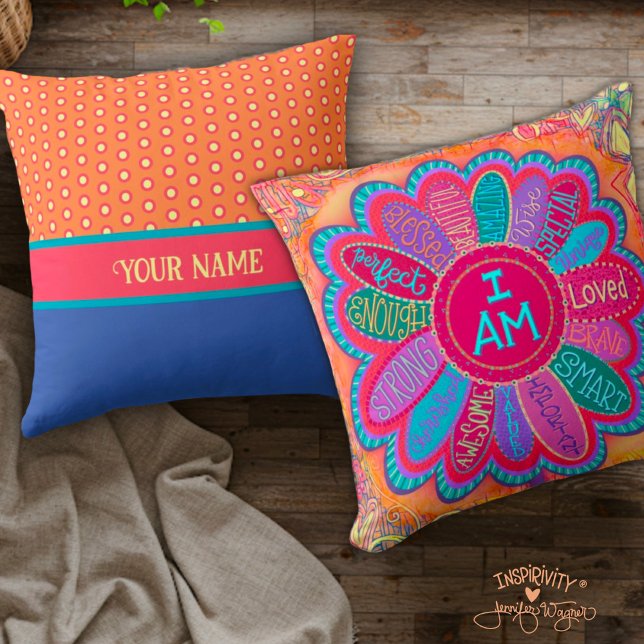 I AM Inspirational Flower Encouragement Name Throw Pillow (Creator Uploaded)