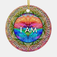 I AM Inspirational Message Rainbow Heart Tree Ceramic Ornament