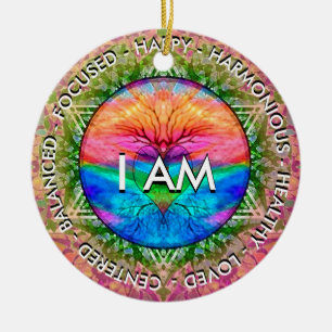 I AM Inspirational Message Rainbow Heart Tree Ceramic Ornament