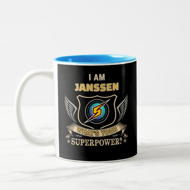 I Am JANSSEN What's Your Superpower Two-Tone Coffee Mug (Left)