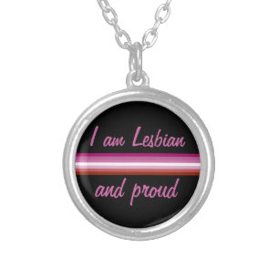 I am Leasbian and Proud   Lesbian flag on Black Silver Plated Necklace