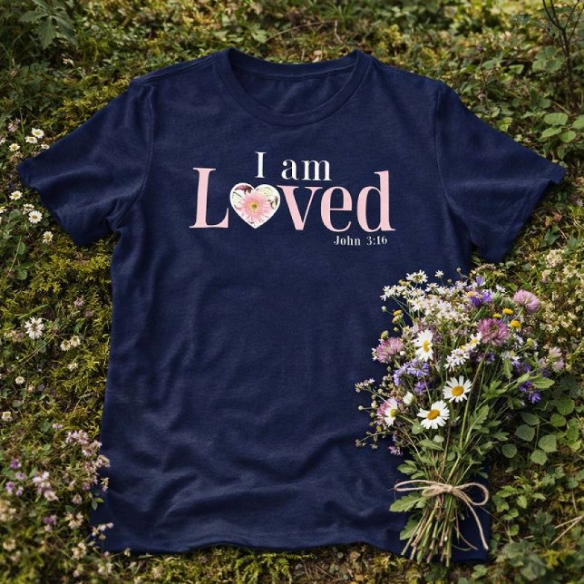 I Am Loved John 3:16  Floral Heart Christian Tri-Blend Shirt (I am Loved John 3:16 Navy Blue Floral Heart Christian Valentine Shirt)