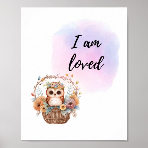 I Am Loved Kids Room Owl Air Balloon Positive  Poster