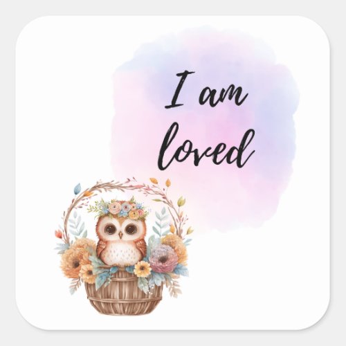 I Am Loved Kids Room Owl Air Balloon Positive  Square Sticker