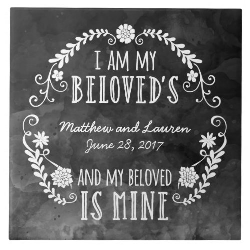 I Am My Beloveds Wedding Black Watercolor Ceramic Tile