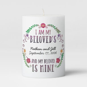 I Am My Beloved's, Wedding Date Watercolor Pillar Candle