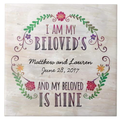 I Am My Beloveds Wedding Date Watercolor Tile