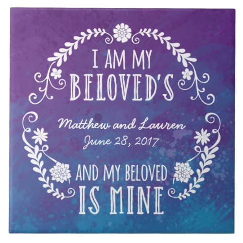 I Am My Beloveds Wedding Watercolor Blue Tile