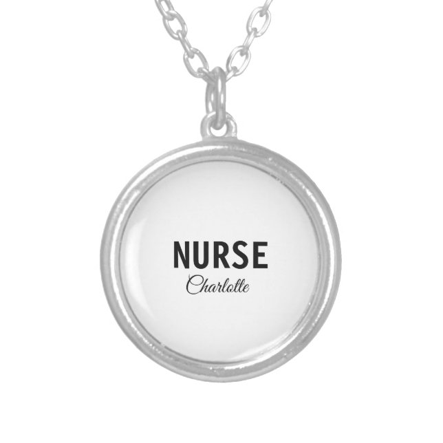 I am nurse medical expert add your name text simpl silver plated necklace (Front)