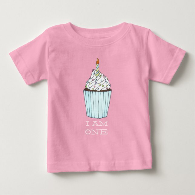 I Am One Baby's First Birthday Cake Cupcake Candle Baby T-Shirt (Front)