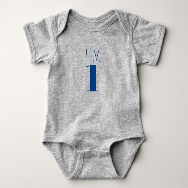 I am One Blue Gray Birthday Baby Bodysuit (Front)