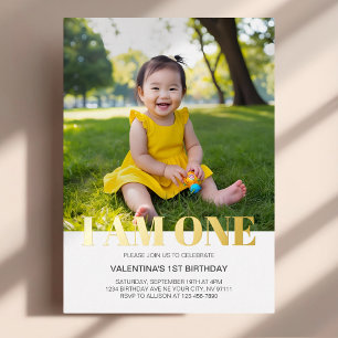 I Am One Photo Modern Simple Minimalist Birthday Foil Invitation