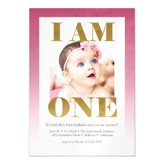 "I AM ONE" Pink + Gold Photo 1st Birthday Magnetic Invitation | Zazzle.com