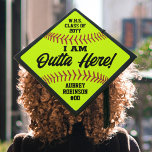 I Am Outta Here Softball Player Funny Sports Quote Graduation Cap Topper<br><div class="desc">Add a stylish personalized touch to a softball player's commencement ceremony with a custom sports themed graduation cap topper. All wording on this template is simple to customize or delete, including funny quote that reads "I am outta here!" The yellow, black and red design features faux softball stitching, modern script...</div>