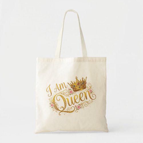 I Am Queen Golden Crown Floral Design | Tote Bags