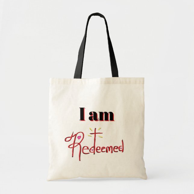 ‘I am Redeemed’ Christian Cross with Hearts Tote Bag (Front)