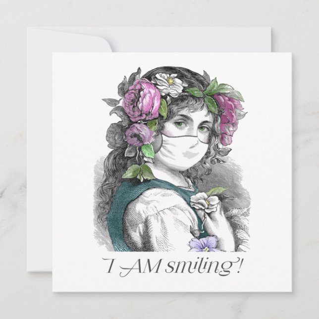 I Am Smiling! Pretty Girl Wears Mask Card (Front)