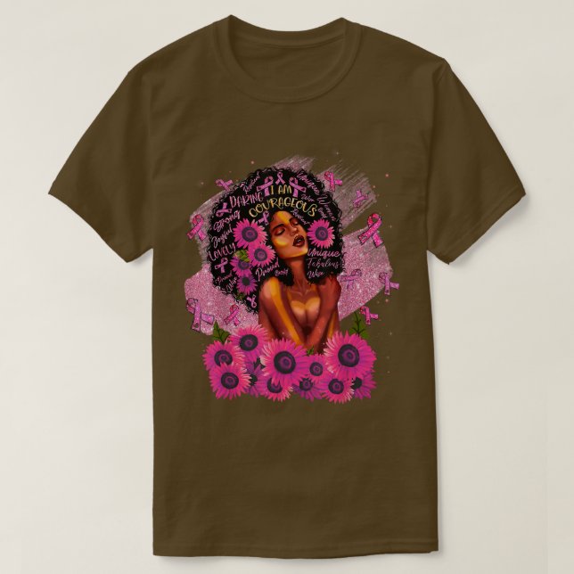I Am Strong Pink Ribbon Flowers Black Queen Breast T-Shirt (Design Front)