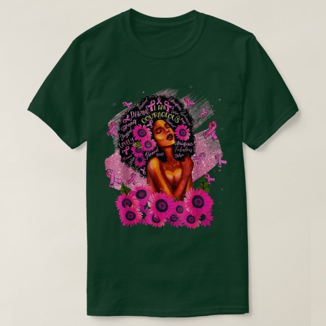 I Am Strong Pink Ribbon Flowers Black Queen Breast T-Shirt (Design Front)