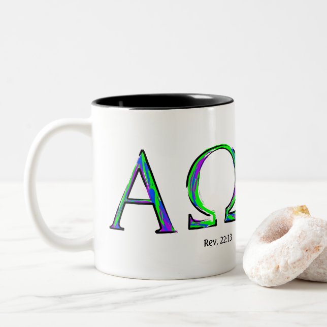 I Am The Alpha and Omega- Revelation 22:13 Two-Tone Coffee Mug (With Donut)