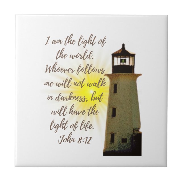 I am the Light John 8:12 with Light House Ceramic Tile (Front)