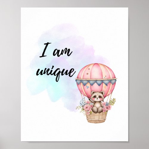 I Am Unique Kids Room Raccoon Pink Air Balloon  Poster