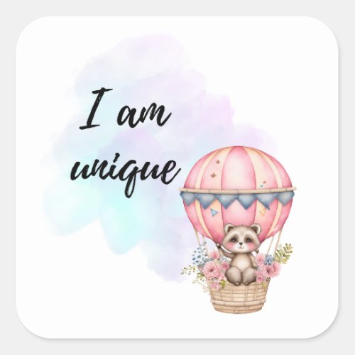 I Am Unique Kids Room Raccoon Pink Air Balloon  Square Sticker