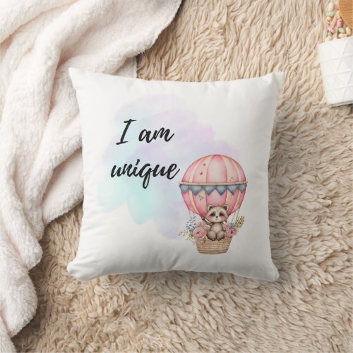 I Am Unique Kids Room Raccoon Pink Air Balloon  Throw Pillow