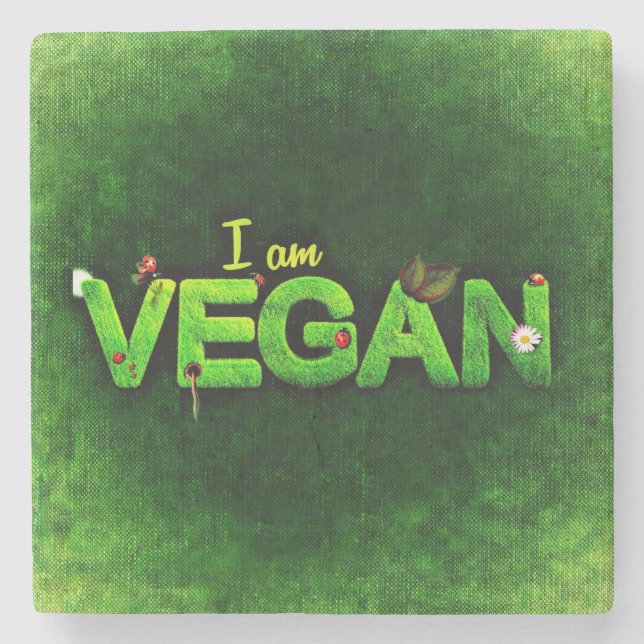 I Am Vegan Written With A Grassy Nature Texture Stone Coaster (Front)