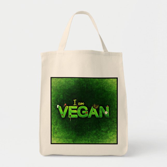 I Am Vegan Written With A Grassy Nature Texture Tote Bag (Front)