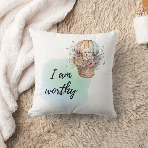 I Am Worthy Kids Room Puppy Positive Affirmation  Throw Pillow