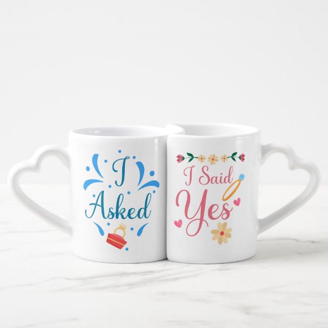 I Asked I Said Yes For Couples, Newly Engaged Coffee Mug Set (Front Nesting)