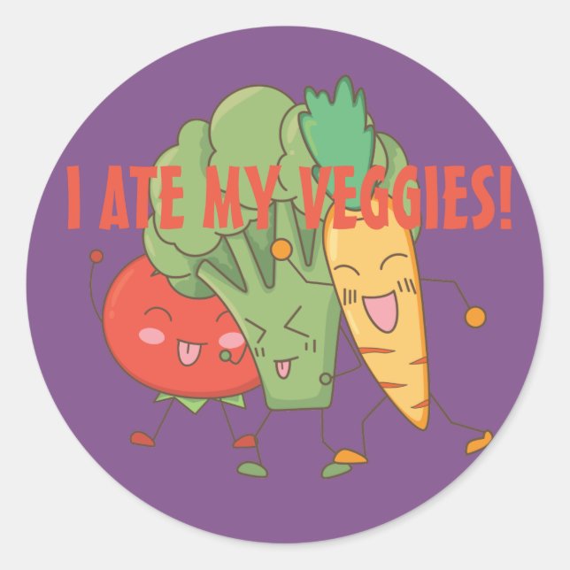 I Ate My Veggies Tomato Broccoli Carrot Purple Classic Round Sticker (Front)