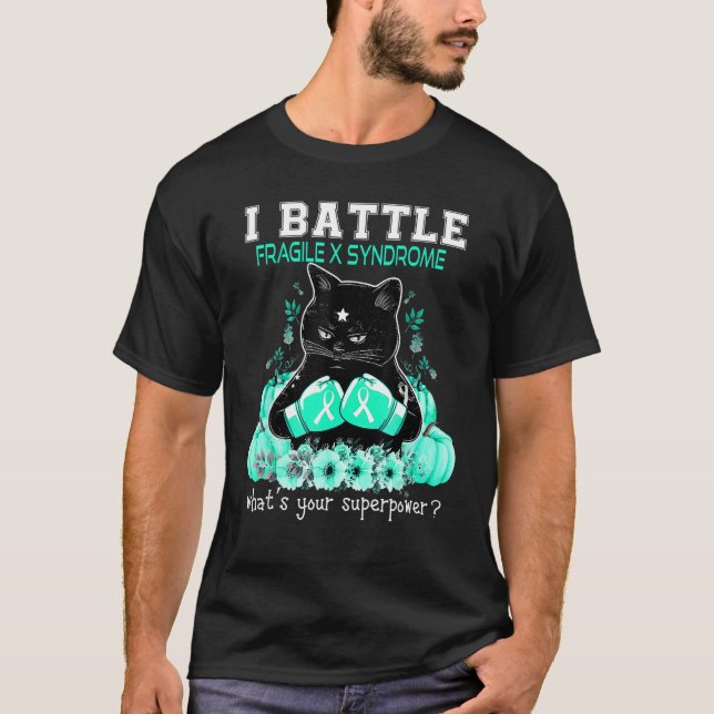 I Battle Fragile X Syndrome Awareness Cat T-Shirt (Front)