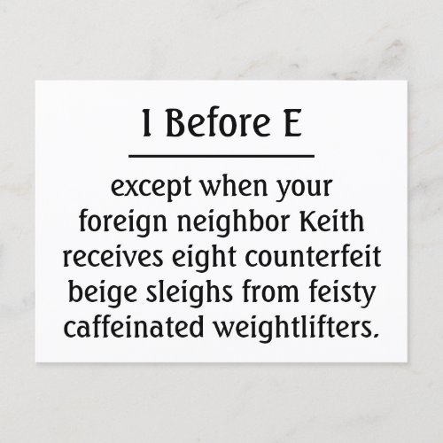 I Before E Except Holiday Postcard