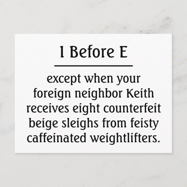 I Before E Except Holiday Postcard (Front)