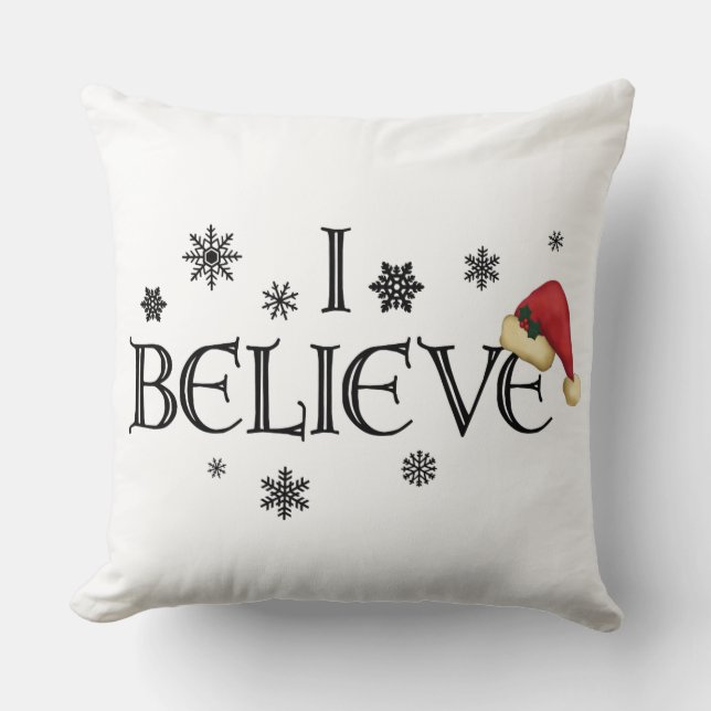 I Believe Christmas pillow snowflakes & Santa hat (Front)