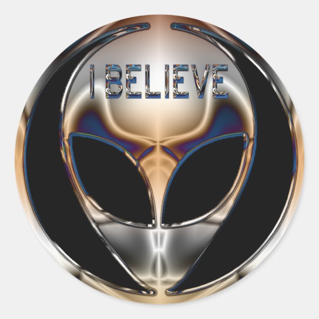 I BELIEVE CHROME ALIEN HEAD CLASSIC ROUND STICKER (Front)