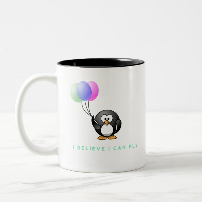 I Believe i can fly Penguin with Balloons Two-Tone Coffee Mug (Left)