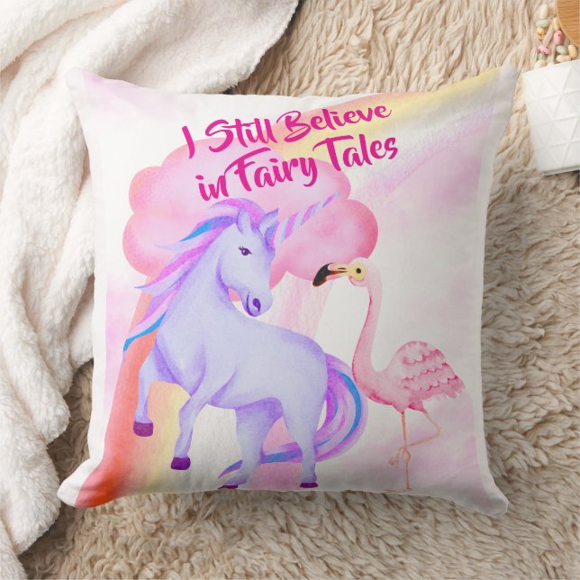 I Believe in Fairytales Unicorn Rainbow Flamingo Throw Pillow (Blanket)